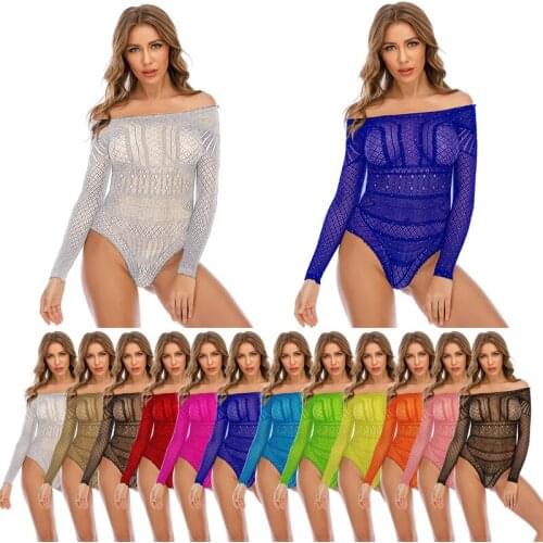 Young ladies sexy underwear temptation hot rhinestone long-sleeved one-piece fashion shiny diamond jacquard mesh large size net