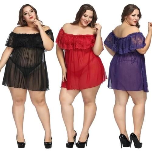 7XL Sexy Women Lingerie Nightgown Hot Erotic Lace Night Dress Perspective Pijama Ladies Sexy Nightwear with Thong Sleepwear Set