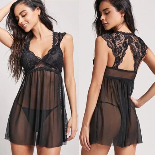 Sexy Women Underwear V-neck Spliced Lace Sleepwear Ladies Fashion See Through Mesh Sheer Vestido Babydoll Nightwear Dress