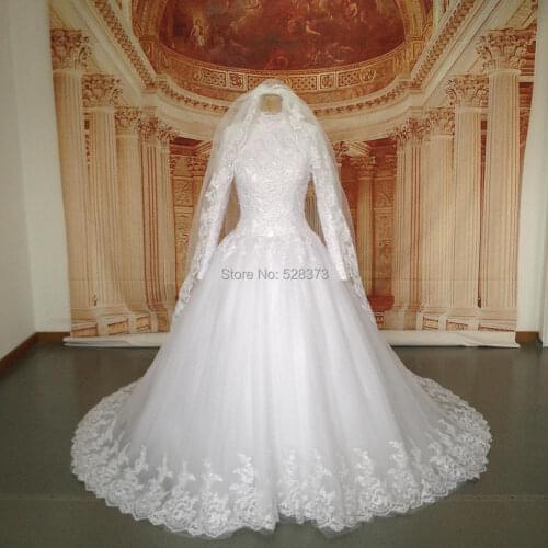 YNQNFS RWD20 Chic High Neck Long Sleeve Ball Gown 80cm Catherdral Train Long Tail Arabic Hijab Muslim Wedding Dress Real Photos