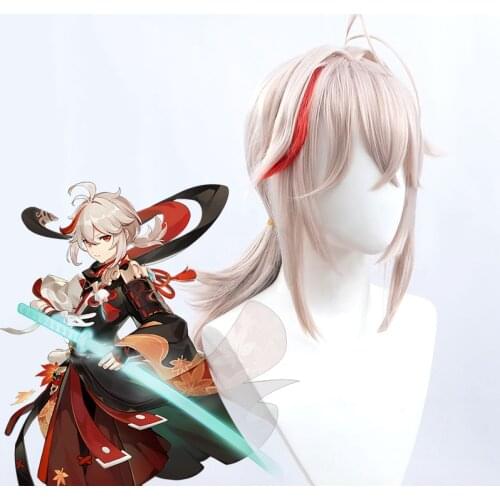 Synthetic Short wig with bangs Kazuha Genshin Impact Scarlet leaves pursue wild waves Ash white silver Cosplay wig Party MUMUPI