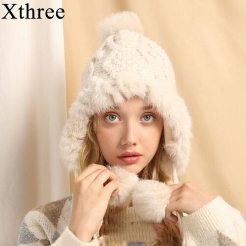 Xthree Ear Flap Cap Winter Hat Womens Hat Warm Kitted Hat with Rabbit Fur cap Trapper Cap With Pom Pom Bomber Hats