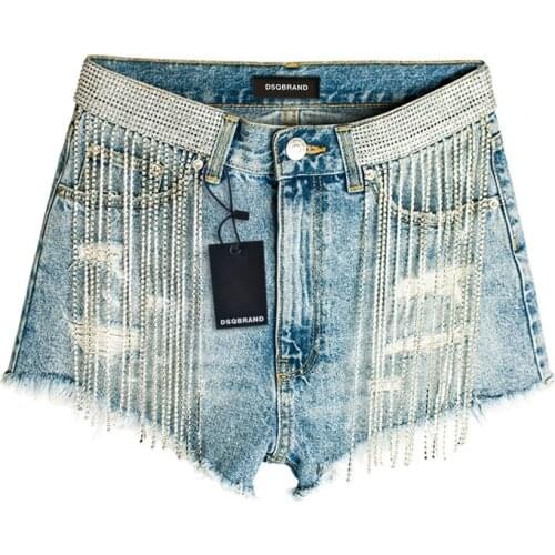 DSQBRAND summer womens ripped denim shorts light blue fringed wide-leg high-waisted pants + trendy diamond chain decoration
