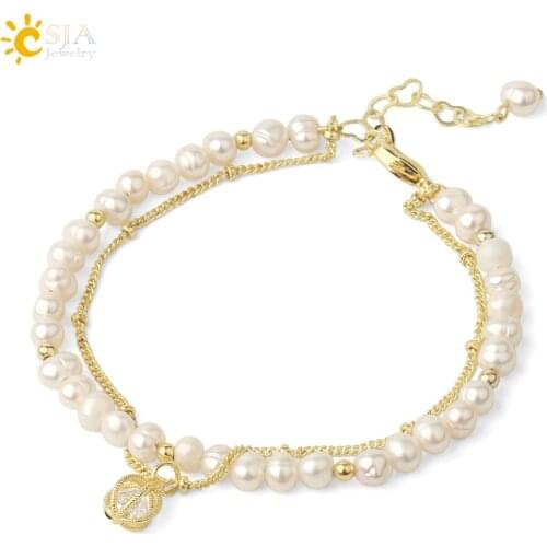 CSJA 4mm Natural Pearl Women Bracelets Zircon Charms Freshwater Pearls Gold Color Chain Mujer Exquisite Jewelry Gifts Party G582