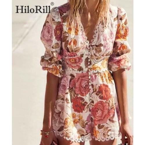 HiloRill Women Chic Lace Patchwork Bodysuit Floral Print V Neck Beach Jumpsuit Lantern Long Sleeve Romper Playsuit Body Mujer