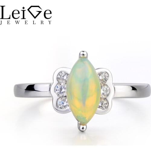 Leige Jewelry Opal Proposal Ring Natural White Opal Ring Marquise Cut White Gemstone 925 Sterling Silver October Birthstone Ring