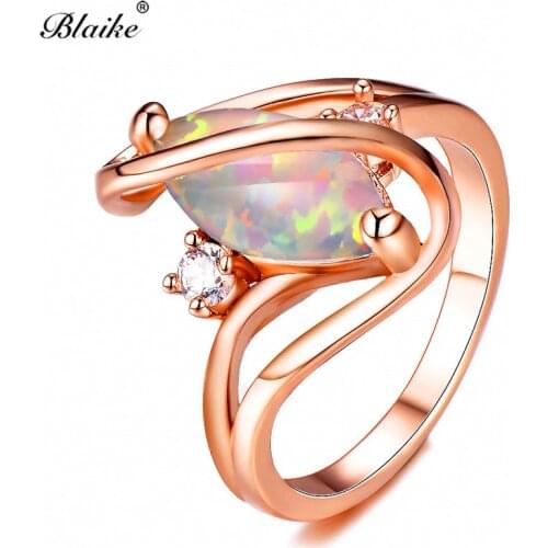 Blaike White Fire Opal Rose Gold Filled S Rings For Women Charming Rainbow Birthstone Ring Wedding Engagement Promise Jewelry