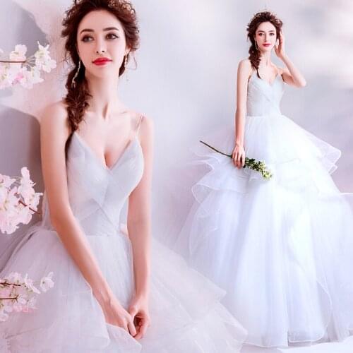 Fashion V-neck Spaghetti Straps Pleated Ruffles Skirt Floor Length Wedding Dress +Free Petticoat 215