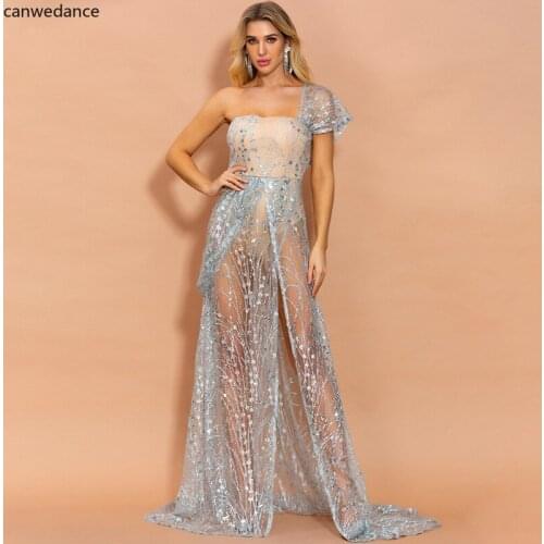 2020 Sexy Off Shoulder Irregular Neck Backless Dress Elegant See Through High Split Gliter Dresses