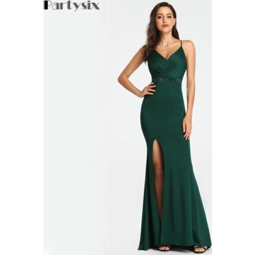 Partysix Womens Sexy Beads Dress Backless Strap Cross Slit Long Evening Party Dress