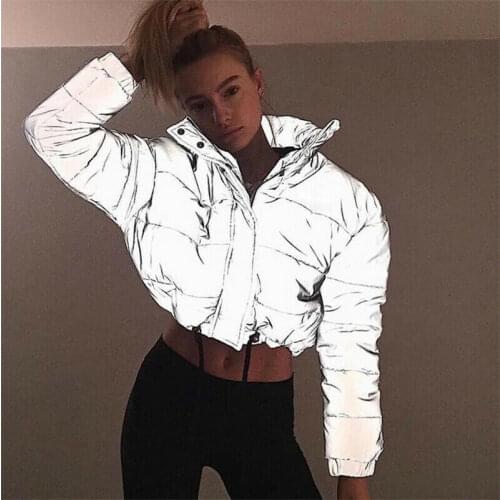 Winter Warm Soft Women Reflective Parkas Ladies Casual Sports Short Tops Comfortable Outwear Sliver Fashion Clothes