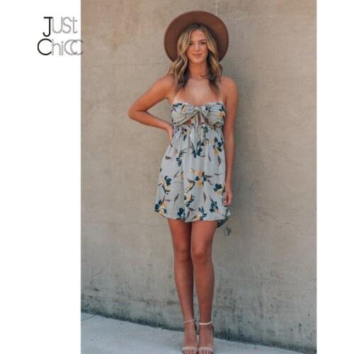 Justchicc Hollow Out Floral Chest Wrapped Summer Dress For Women Sleeveless Zipper Printing Mini Dress Backless Bohemian Dress