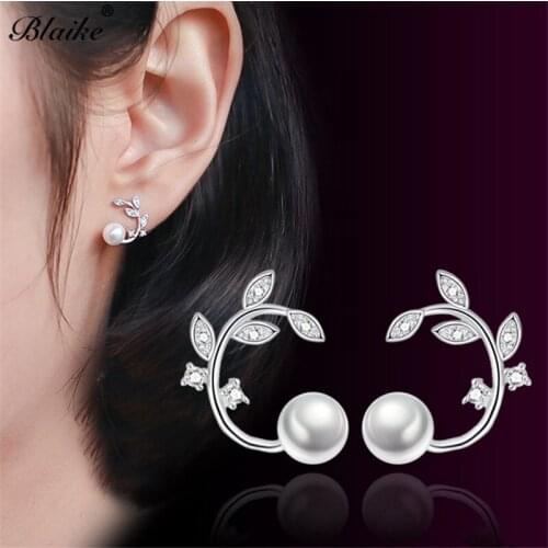 Blaike Dainty Silver Color Tree Leaf Stud Earrings For Women Synthetic Pearl Earrings Wedding party Jewelry Gifts