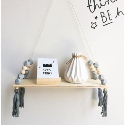 Decorative Shelves Kids Room Toys Pictures Plant Flower Pot Rack Rope Display Board Storage Wooden Wall Hanging Shelf