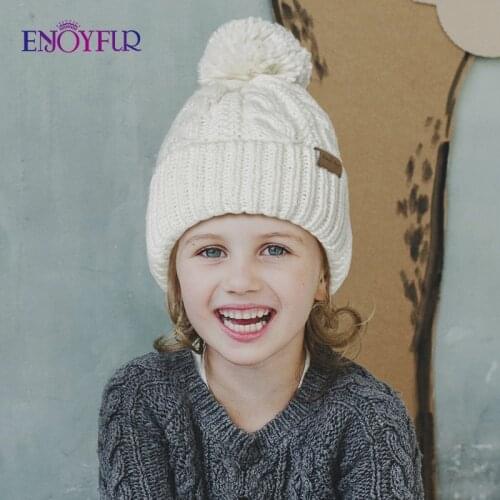 ENJOYFUR Winter children hats for girls boys fashion wool/faux fur pompom kids caps thick warm wool lining knitted baby beanies
