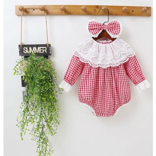 Cute Infant Clothes 2 Piece Plaid Floral Lace Collar Long Sleeve Baby Girl Romper+bow Headband Birthday Princess Bodysuit 0-18M