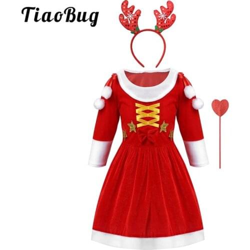 Kids Girls Christmas Costume Red Long Sleeve Winter Sequin Xmas Dress Holiday Santa Reindeer Cosplay Fancy Party New Year Outfit