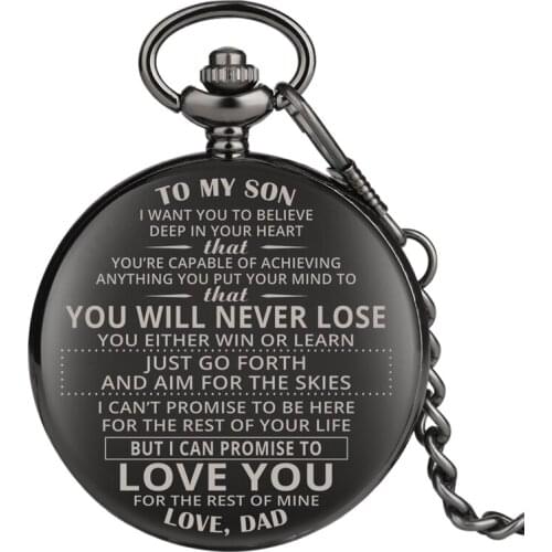 To My Son Engraved Greeting Quartz Pocket Watch Retro Black Jewelry Birthday Souvenir Gift to Son Man Clock Top Luxury reloj