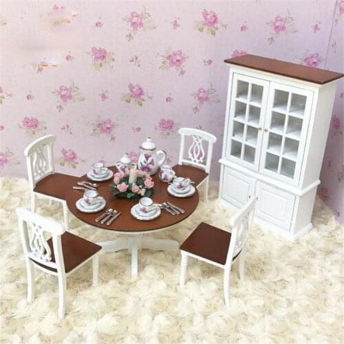 Doub K 1:12 Miniature Furniture toy white mini table sets cabinet Wooden household pretend play toys for girls dollhouse doll