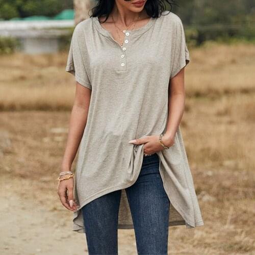 Women Short Sleeve Mid-long T-shirt Loose Button O Neck Solid Color Summer Comfortable Casual Tops Girl Female Harajuku Tee 2021