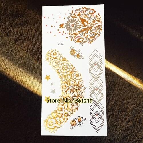 Hot Gold Metallic Temporary Tattoo Sticker Silver Women Henna Flash Tattoo 10x21CM Indian Bracelet Totem Sun Flower Tattoos