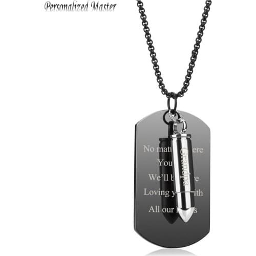 Personalized Master Custom Text Stainless Steel 2 in 1 Cremation urn Bullet Military Dog Tag Pendant Necklace Memorial Jewelry