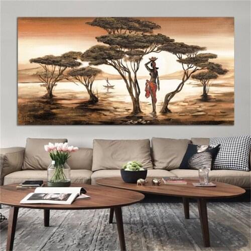 African Art Landscape and Woman Canvas Art Print Big Size Home Living Room Canvas Wall Art Painting Decorative Wall Pictures