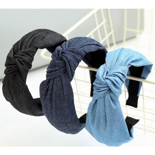 Classical Denim Headband Fabric Elastic Headbands Solid Color Cross Design Girls Hairbands Students Hair Hoop