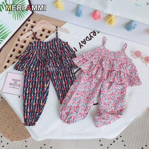 MERI AMMI 2pcs Oufit Children Girl Beach Summer Clothing Set Floral Top +Loose Pants Kid
