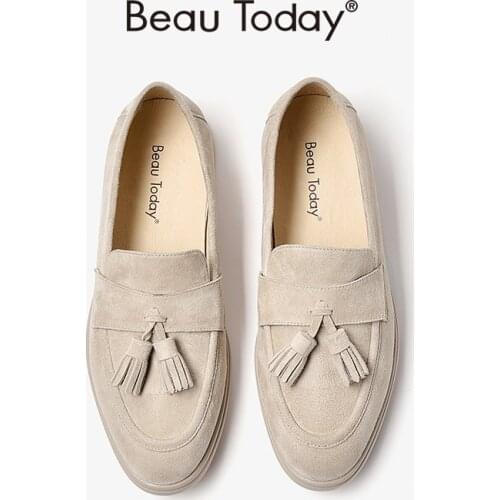 BeauToday Loafers Women Kid Suede Slip-On Flats Genuine Leather Fringes Square Toe Ballets Women Moccasin Shoes Handmade 27359