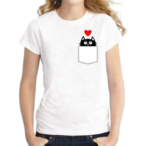 Cute Animal Lovely Printed Lady Tops Short Sleeve O-Neck T-shirt White Modal Tee Cat In Pocket Design Summer T Shirt Women Funny