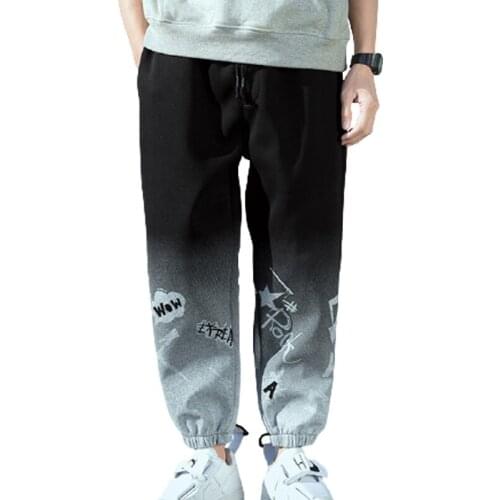 Mens Pants Spring And Summer Light Color Gradient Trend Loose Feet Cartoon Print Sports Pants Nine Points Casual Long Pants