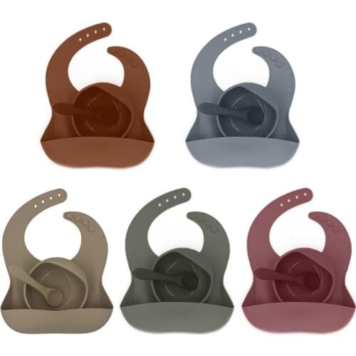 3Pcs Baby Tableware Set Newborn Silicone Bibs+Dinner Plate Bowl+Spoon Dishes Set