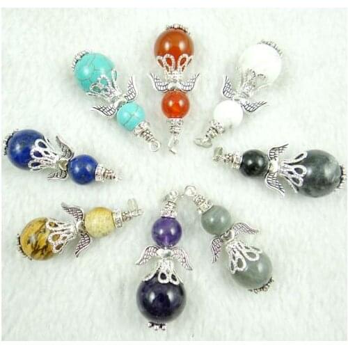 Natural stone Turquoises tiger eye lapis lazuli Quartz crystal Angel wings pendant for diy Jewelry making Necklace 1pcA3