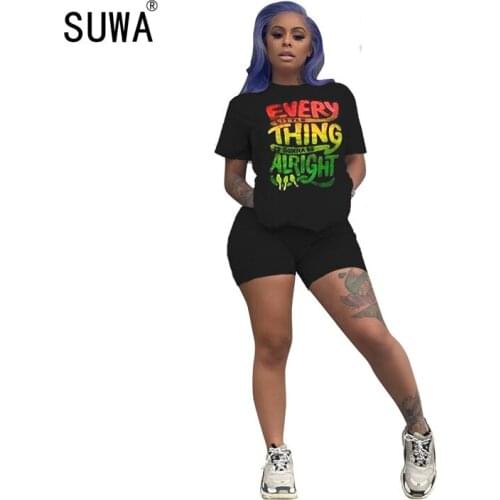 New funny letter printed casual women two piece set summer t shirt top + biker short pants suit tracksuit street sweatsuit