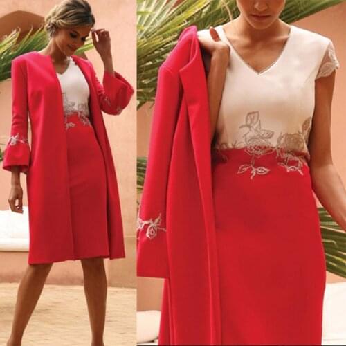 Charming Red Lace Short Mother Formal Wear With Wrap Mother of Groom Wedding Guest Dress Mother Of The Bride Dress Suit Gowns