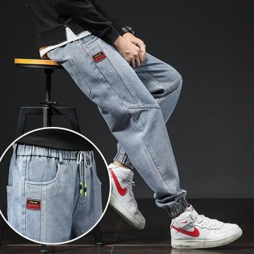 Wholesale 2020 Drawstring Denim Jeans mens loose fashion Korean autumn elastic waist casual straight daddy pants harem pants