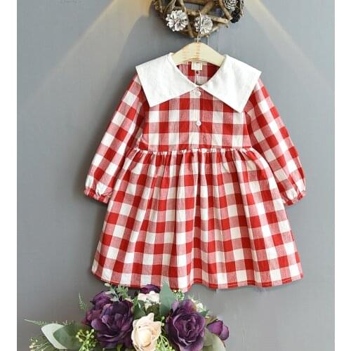 Fall Girls Dresses 2021 Spring Autumn New Long-sleeved College Style Lapel Plaid Dress Toddler Girl Clothes Baby Girl Dress