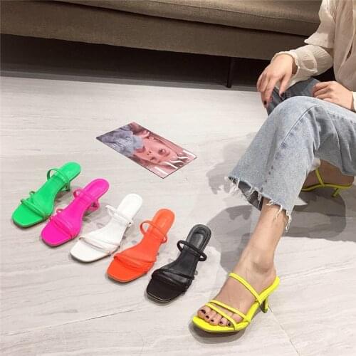 Colorful Women Sandals Slides Slippers Square Open Toe Slip On Thin Mid Heels Pumps Casual Narrow Band Slippers Orange Size 40