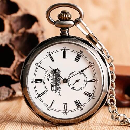 Luxury Open Face Train Big Dial Roman Numers Mechanical Skeleton Pocket Watch Steampunk Hand Winding Watch Men Women Chain Gift
