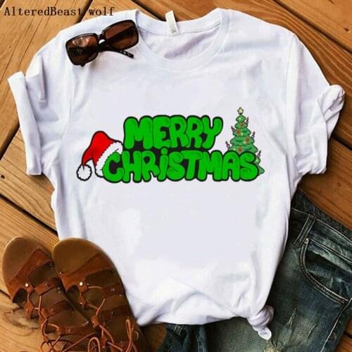 Merry Christmas T Shirt Women clothes fashion green letter printed christmas t shirt women Christmas tops women white tshirt