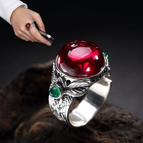 S925 Sterling Silver color Red Corundum Green Chalcedony Lady Opens High Grade Atmosphere Vintage Special Ring Fashion jewelry