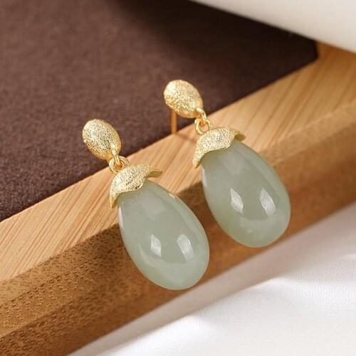S925 Sterling Silver Gold Plated Hetian Gray Jade Water Drop Cheongsam Earrings National Style Elegant Jade Republic of China Ea