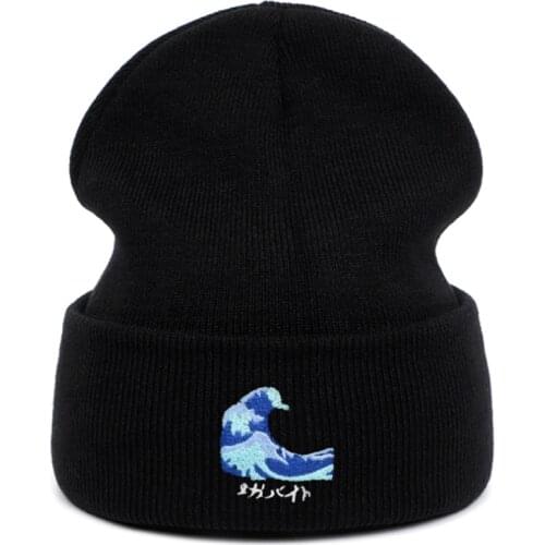 Japanese Style Ocean Wave Embroidery Beanie Hat Cotton Flexible Soft Pure Fashion Knitted Hats Men Women Hip Hop Cap Warm Hat