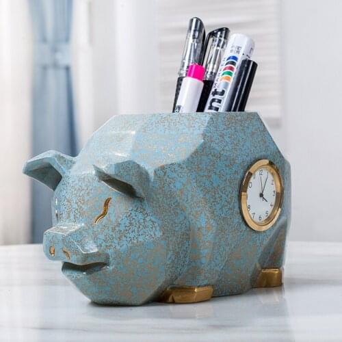 Nordic Golden Pig Pen Holder with clock, Pen Container, Creative Fashion Cute Desk Ornaments