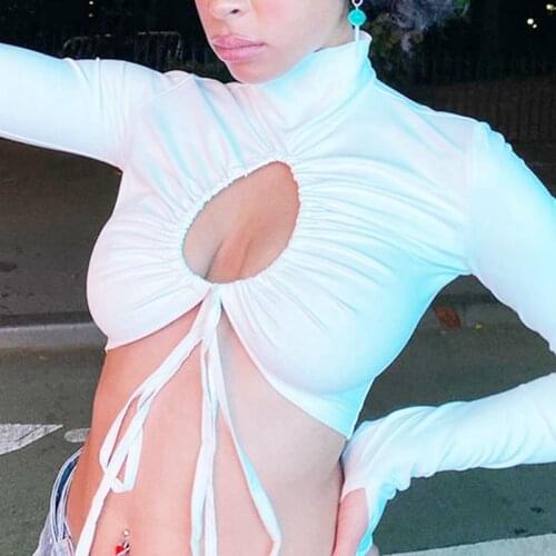 Uclio High-neck Long Sleeve Drawstring Ruched Tie Front Tops Hollow Out T-Shirts Sexy Bandage Tops