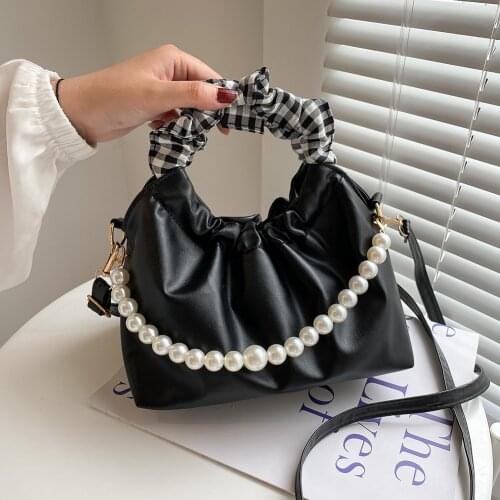 New Vintage Pleated PU Leather Pearl Chain Shoulder Crossbody Bags For Women Casual Solid Color Ladies Small Messenger Handbags