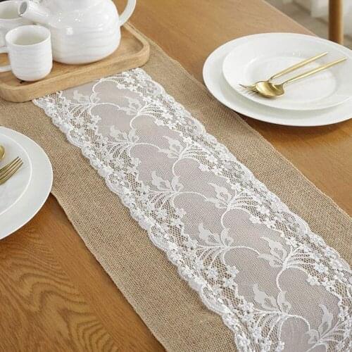 Vintage White Christmas Lace Jute Linen Hessian Burlap Country Wedding Party Decor Christmas Dining Room Resturant Table Runners
