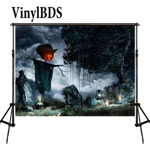 VinylBDS Children Halloween Photo Backdrops Terror Night Forest Backdrop Gray Sky Pumpkin Tombstone Backdrops for Photo Studio