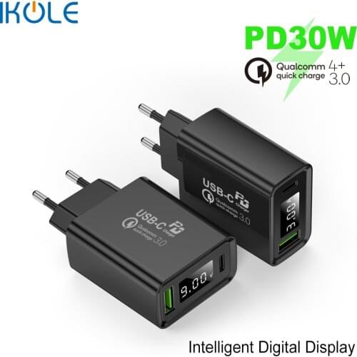 IKOLE PD Charger USB 5A PD30W Type-C 20W Fast Charging For iPhone 12 11Pro 8 X QC4+ QC3.0 Quick Charge For Samsung Huawei Xiaomi